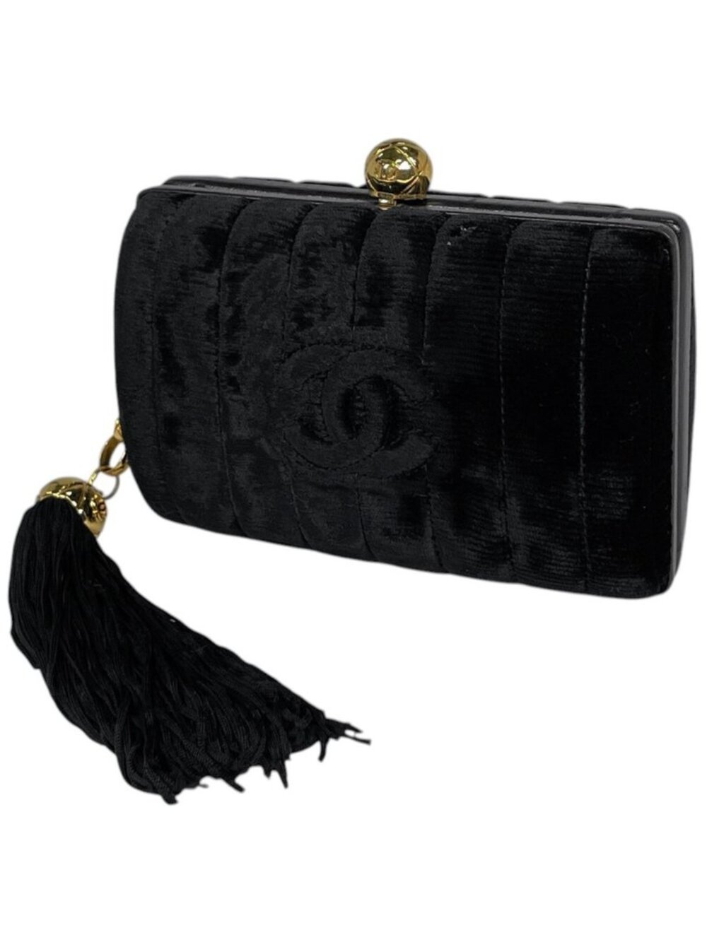 Chanel CC Logo Clutch Tassel Fringe Fabric Black
